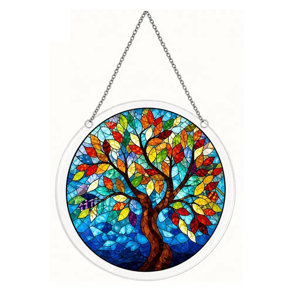 Round Acrylic Suncatcher Stained Glass Style Window Hanging Ornament, Cat Tree Jesus Pattern Wall Art Decor with Chain, Home Garden Patio Holiday Gift