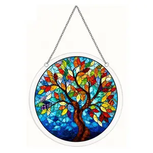 Round Acrylic Suncatcher Stained Glass Style Window Hanging Ornament, Cat Tree Jesus Pattern Wall Art Decor with Chain, Home Garden Patio Holiday Gift