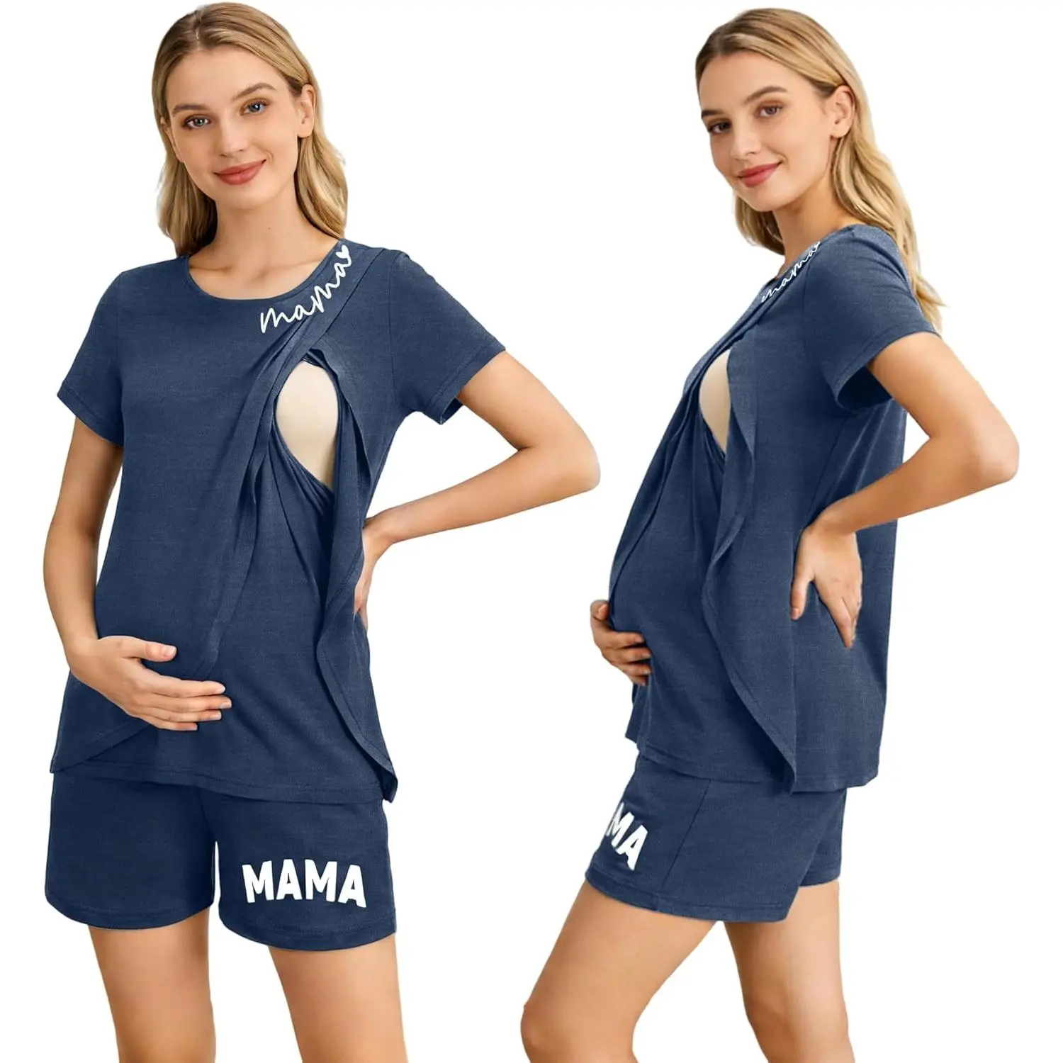 UNIQUEONE Women’s 2-Pack Nursing Pajama Set - Adjustable Double Layer Maternity Breastfeeding Pjs with Comfortable Fabric, Short Sleeve Tops & Shorts for Postpartum Recovery, Side Opening, Stretch Fabric, Trendy Print