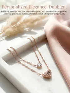 14K Rose Gold Heart-Shaped Laser Engraved A-Z 26 Initials Circular Diamond-Embedded Stacked Necklace # Jewelry / Stainless Steel / Colorfast / Hypoallergenic / Couple / Festival / Party / Ideal Gift