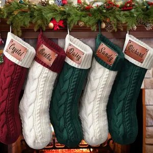 Knitted Ornament Stocking Christmas Holiday Gifts in White Red & Green Polyester 18 Inches Decor