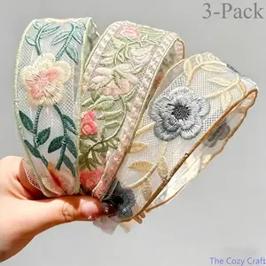 2026 Spring Summer Ethnic Lace Embroidery Floral Wide Headband, Fluffy High Crown Elegant Ruffle Hair Accessories for Girls Women