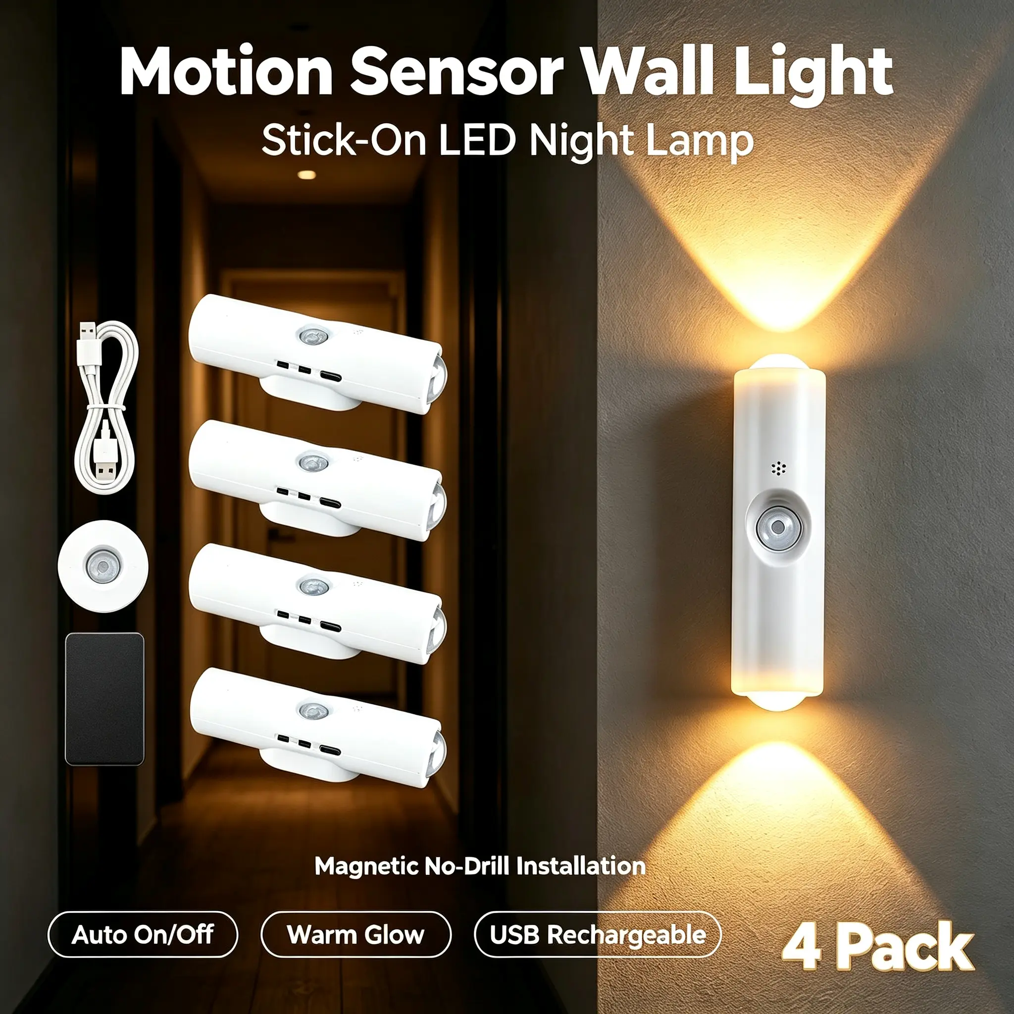 4-Pack Motion Sensor LED Night Lamps, Stick-On Magnetic No-Drill Wall Lights, 3-Color Modes, Auto On/Off Warm Glow, USB Rechargeable for Home Indoor Decor