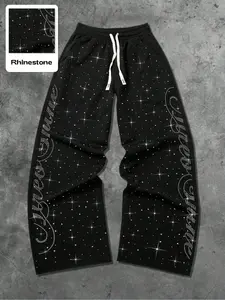 Men's Summer Drawstring Waist Sport Pants, Unique Rhinestone Letter Design, Trendy Straight Leg Joggers, Casual Outdoor Wear