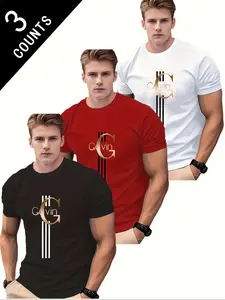 Men's Short Sleeve Crewneck T-Shirt Set, Gavin Logo Print Striped Design, Casual Streetwear Fitted Basic Tee for Daily Wear, All Seasons