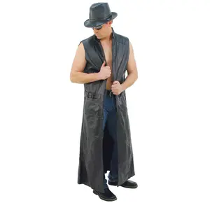 JAMIN LEATHER® Extra Long Sleeveless Leather Trench Coat #M1008TK Collar Menswear Premium Buffalo Leather with Mandarin Collar & Inside Pocket - Tops