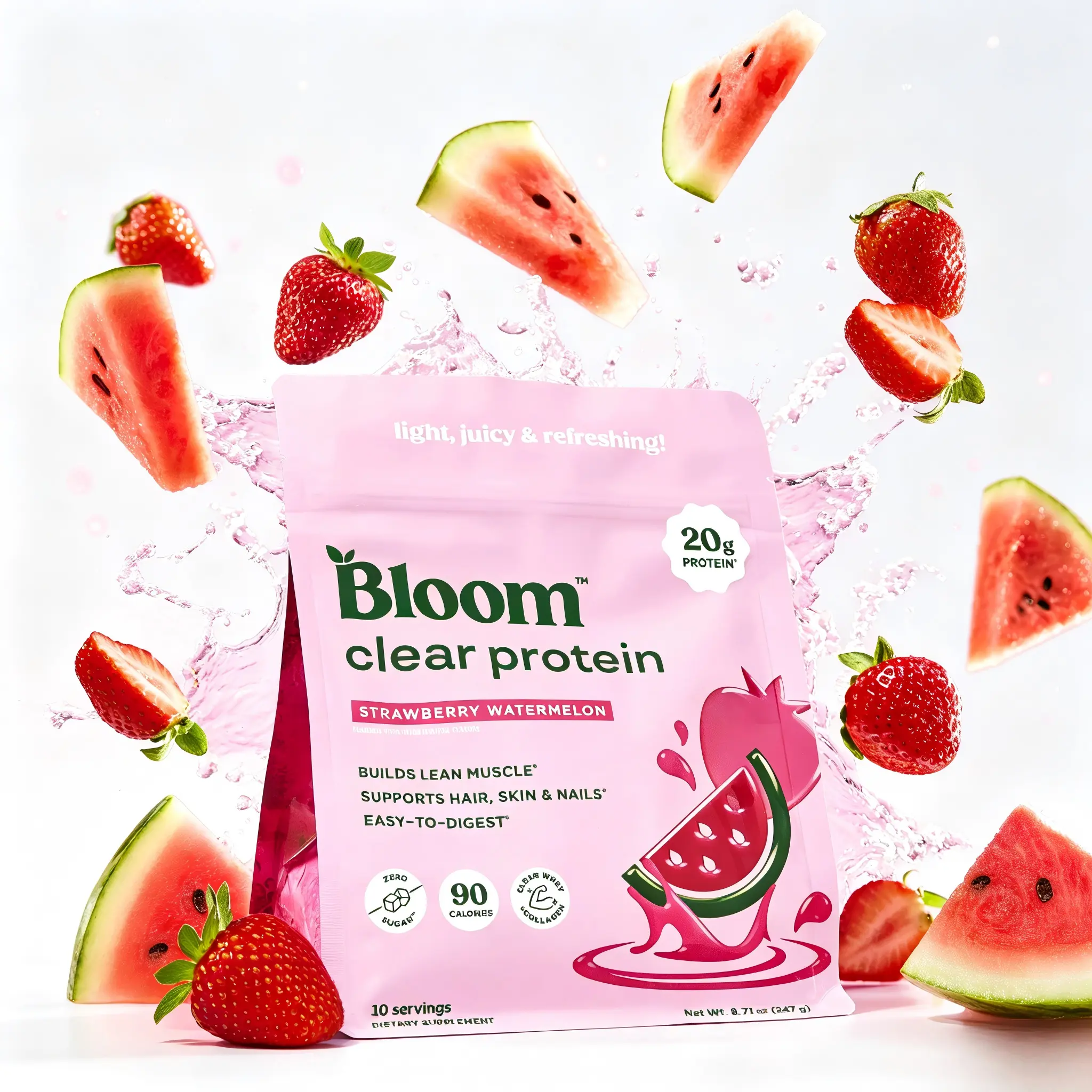 Bloom Nutrition Clear Protein Powder, Strawberry Watermelon Flavor, 20g Whey Collagen Protein, Zero Sugar, 90 Calories, 10 Servings