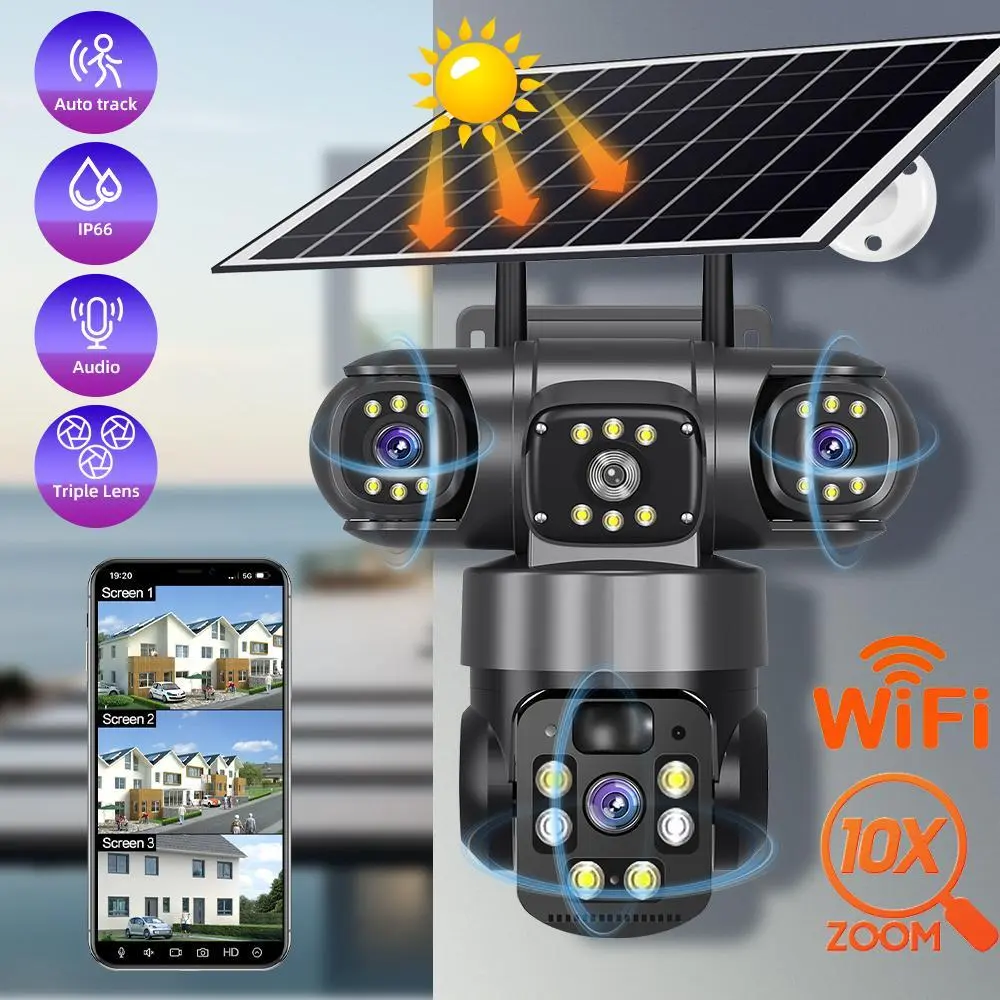 【Toolupgrade】Classic 9MP Triple Lens Solar Outdoor Security Camera, WiFi PTZ 355° Pan-90° Tilt, PIR Motion Detection, Color Night Vision, 2-Way Audio, 8000mAh Lithium Batteries, V380 App, IP66 Waterproof, Wall Mount Compatible