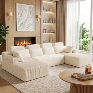 SummerVibes Peninsula 134-inch ultra-large U-shaped modular design, cream-colored soft ribbed corduroy fabric, deep seat cloud sofa, suitable for living rooms, convertible reclining chair configuration couch sectional outdoorfun