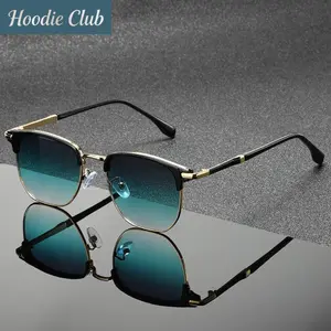 Vintage Semi-Rimless Square Sunglasses for Men and Women, Retro 90s Aesthetic Gold Metal Frame UV400 Shades, Teal Gradient Lens Unisex Eyewear for Driving, Beach & Daily Fashion Wear