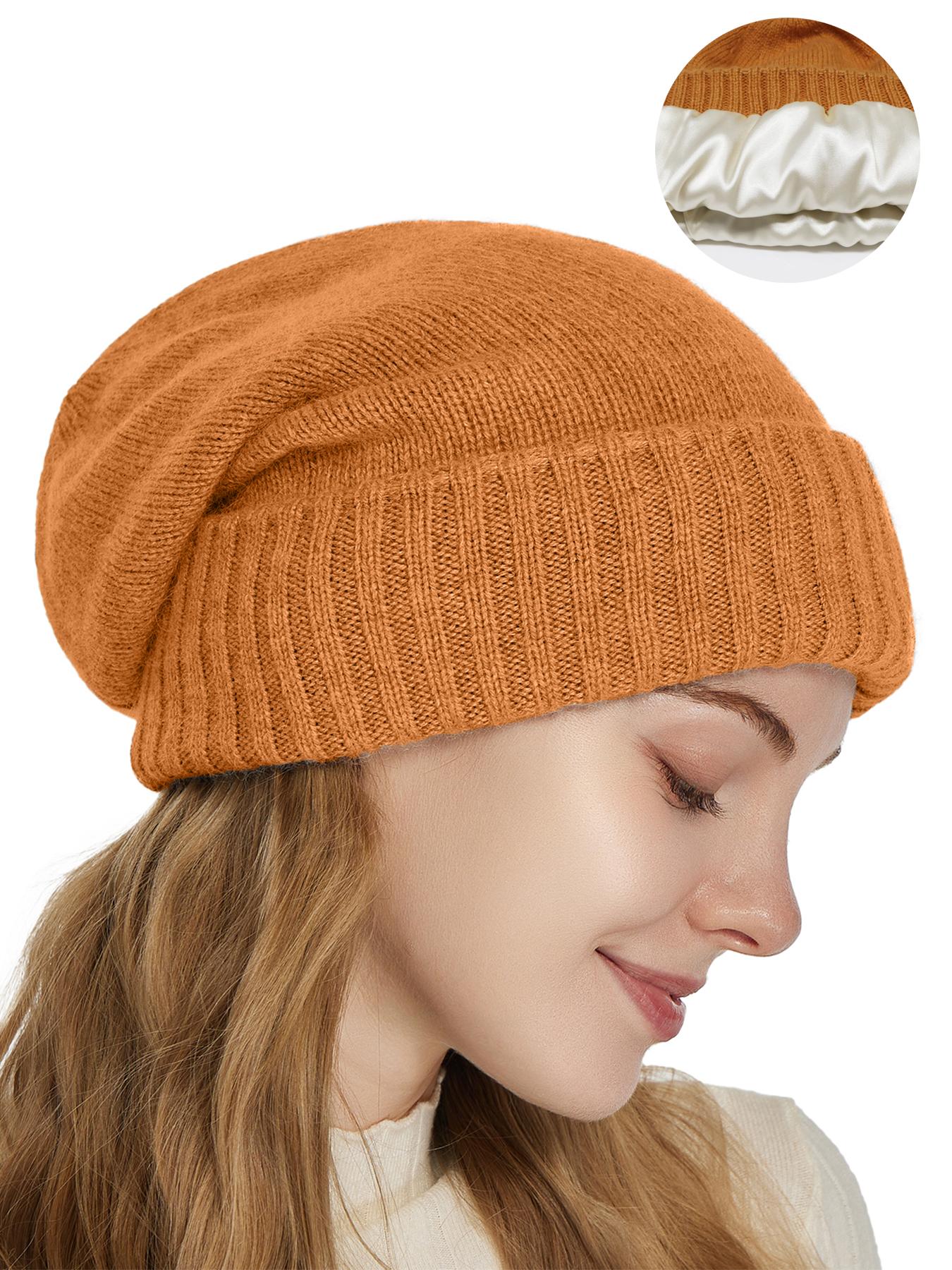 New Wool Blend Satin Lined Knit Beanie Hat, Lightweight Unisex Soft Loose Fit Warm Cap for Fall & Winter, Casual Style