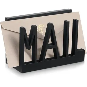 Modern Wooden Black Mail Organizer Holder Countertop with Cutout Lettering Design Outgoing Mail Holders for Office Desktop Envelope Document Storage Rack