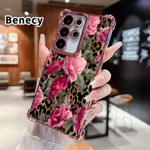 Phone Case Compatible with Samsung Galaxy S23 Ultra S24 Plus S25 S22+ FE Edge Rose & Leopard Fusion Patterned Protective Four Corners Plated Shockproof Transparent Soft Silicone Cover