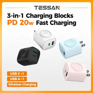 【Fast Charger】 Tessan 3-in-1 PD20W USB C Charger Block with Built-in Wireless Watch Charging, Dual Ports Wall Charger Compatible with iWatch Ultra/9/8/7/6, iPhone 17/17 Pro/16/16 Pro/15 Series, Electronic Cellphone, Apple Watch Seires