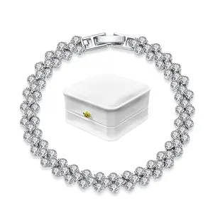 Silver Bridal Tennis Bracelet Wedding Jewelry for Bride Flower Cluster CZ Diamond Simulant Prom Accessories Crystal Hand Chain Bridesmaid Gift Evening Gown Jewelry