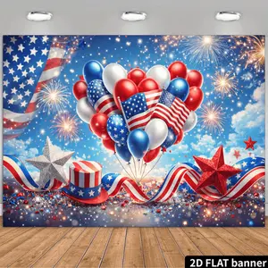 A 2D Patriotic-Themed Backdrop Featuring a Top Hat with The Central Stars And Stripes, Complemented by Red, White, And Blue Balloons, The American Flag, Fireworks, Ribbons, And Star Decorations. in The Foreground