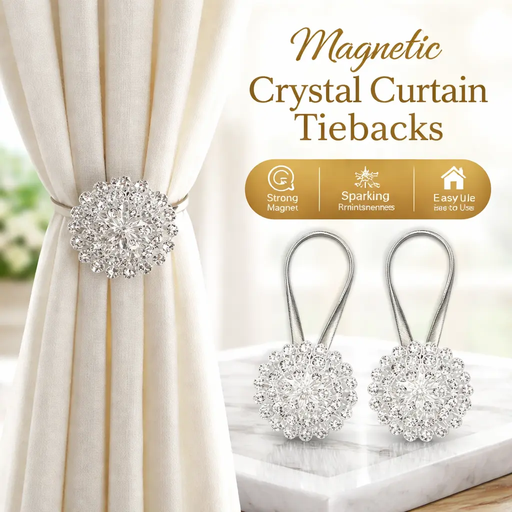2 Pack Crystal Flower Magnetic Curtain Tiebacks – Sparkling Rhinestone Curtain Clips with High-Elastic Spring Wire for Home, Office, and Wedding Decor – Decorative Holdbacks for Drapes, Sheers, and Valances