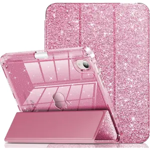 for iPad mini 7 Case (A17 Pro), iPad mini 6 Case, iPad mini 7th/6th Generation Case 2024/2021 8.3 Inch, Glitter Cute Protective Clear Cover with Pencil Holder for Kids Girls, Pink
