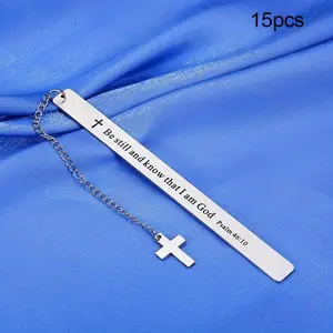 Stainless Steel Bookmark with Cross & Chain, 15pcs/set Engraved Bookmark, Inspirational Religious Gift for Book Lovers, Kids,  Adults