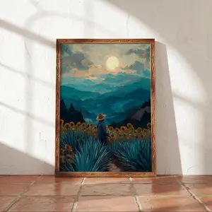 [Sale off up to 40%] [Frame Canvas] Mexican Sunrise Campesino Frame Canvas, Agave & Sunflower Landscape, Sierra Madre Folk Wall Art, Rustic Latino Home Decor