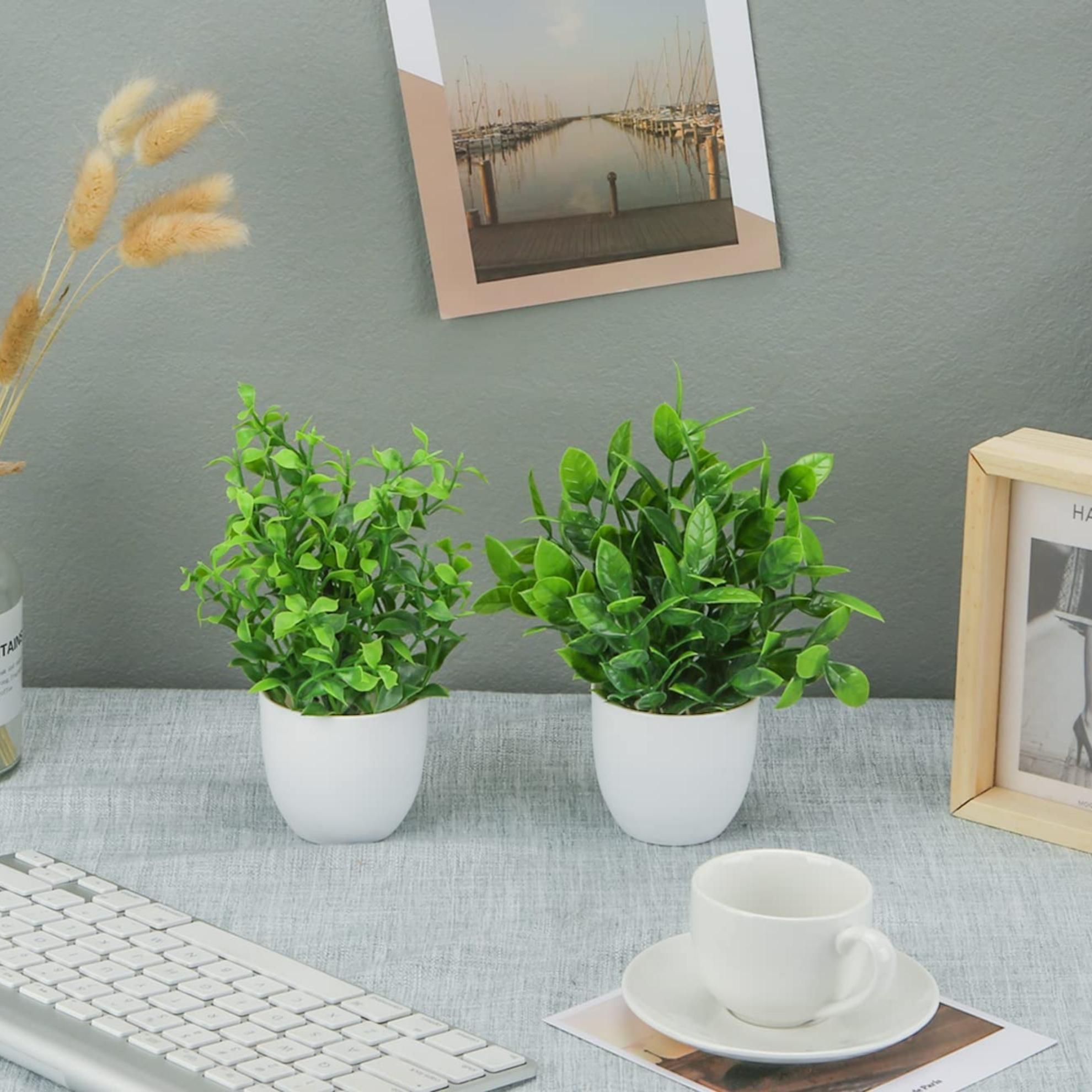 6.7-Inch Artificial Eucalyptus Potted Plants 4 Pack, Fake Eucalyptus in White Pots, Mini Faux Greenery for Home Office Desk Shelf Decor, Small Indoor Artificial Plants, Summer Decor & Housewarming Gifts