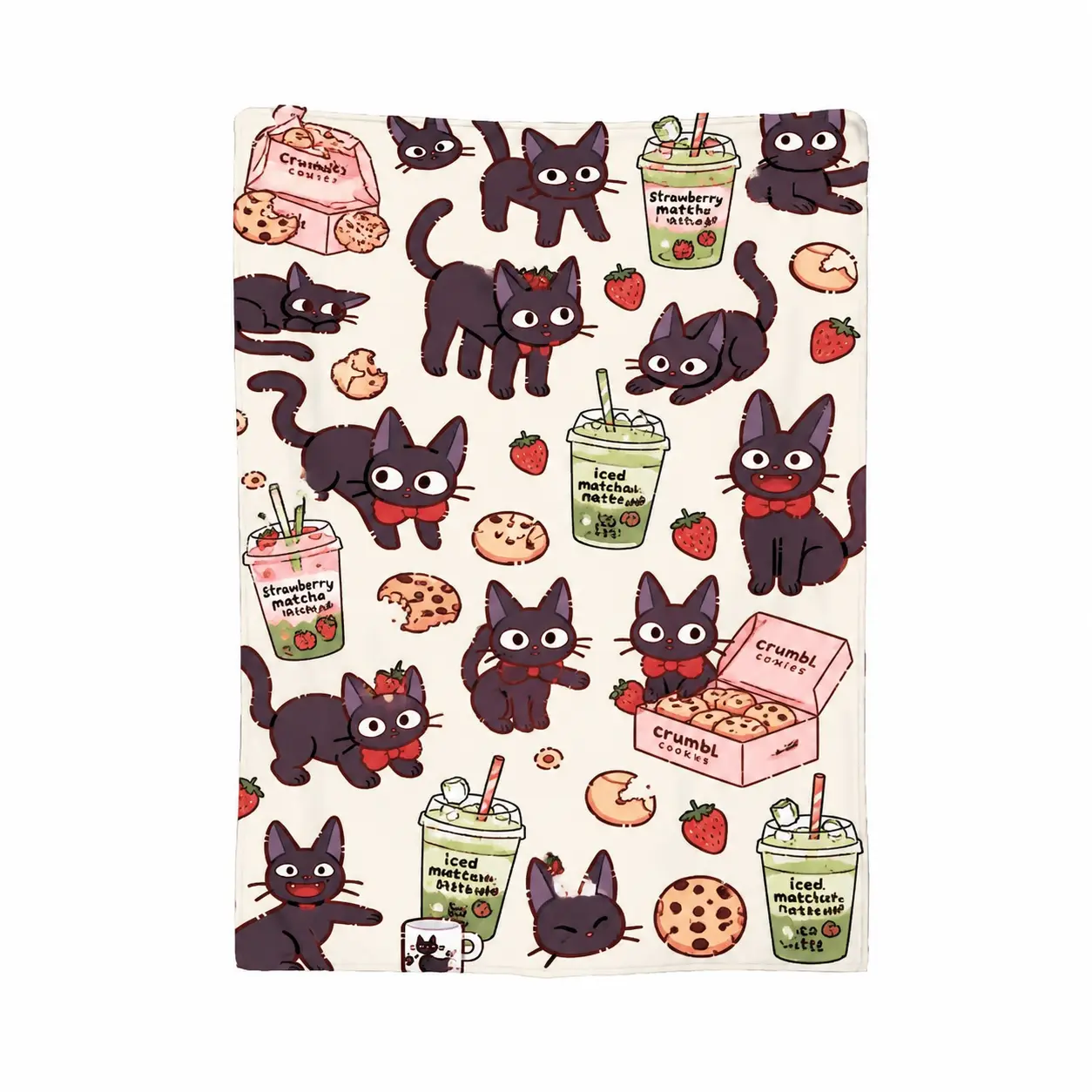 Kiki's Delivery Service Jiji Cat x Crumbl Cookies Flannel Blanket | Kawaii Anime Foodie Cozy Throw for Cat & Matcha Lovers summerwins,summerwins cooling