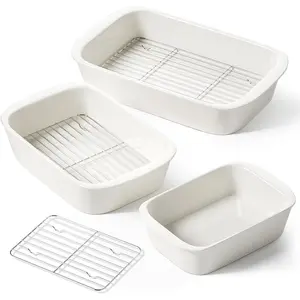 Deep for Oven, 13.7"x9.6" Baking Dish Set with Roasting Racks, Large Lasagna Pans with Handles, Rectangular as Gift for Mom, White (4.6QT/3.0QT/1.6QT), Set of 3