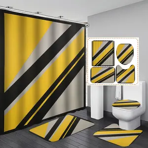 1/3/4PCS Geometric poster with yellow, black colors Shower Curtain Set with Rugs, Non Slip Bath Mat, U-Shape Carpet, Toilet Lid Cover, Polyester Fabric Curtain Accessories, 12 Hooks, Bathroom Decoration Accessories, Home Bathroom Decor