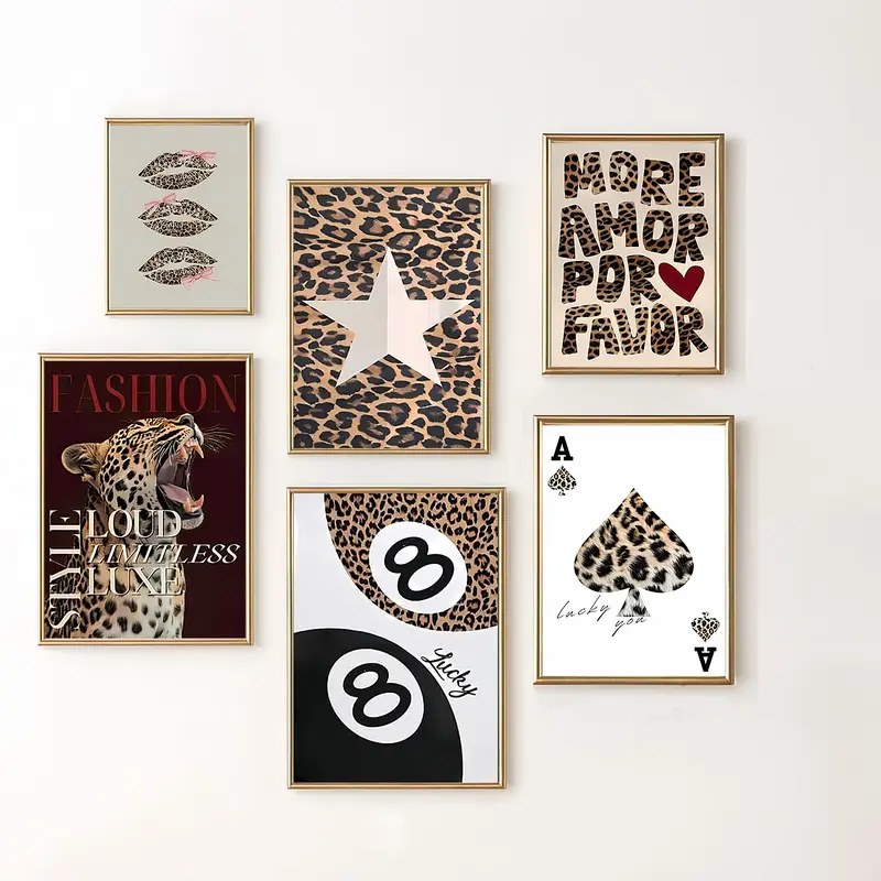 wooden frame Trendy Leopard Canvas Wall Art (Frame) Cheetah Prints Wall Decor Pictures Lucky 8 Ball Posters Preppy Aesthetic Paintings Black Or Gold Framed Acrylic Wall Hanging Painting  Wall Painting Canvas Poster Hallway Home Decoration