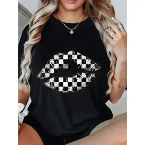 Casual Loose Fit Short Sleeve TShirt Featuring Geometric Lip Print with Checkered and Argyle Patterns Made from Cotton Round Neck Top for Spring and Summer Style Soft Textured Shirt
