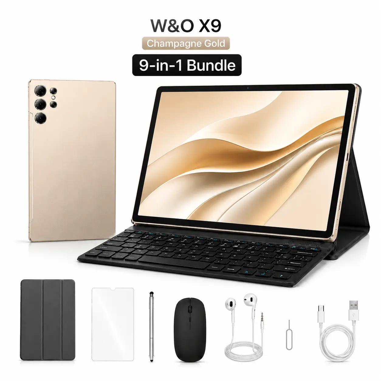 W&O X9 Android 15 Tablet, 10.1 Inch IPS Display, 8GB RAM 256GB ROM, 8000mAh Battery, Dual-Band WiFi, SIM + microSD Support, 9-in-1 Tablet Bundle with Keyboard, Mouse, Stylus & Case Camera Christmas Screen Streaming Bluetooth Birthday Birthday  tools