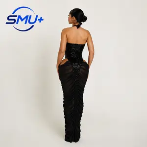 Sequin Spliced Sheer Mesh Pleated Bodycon Dress