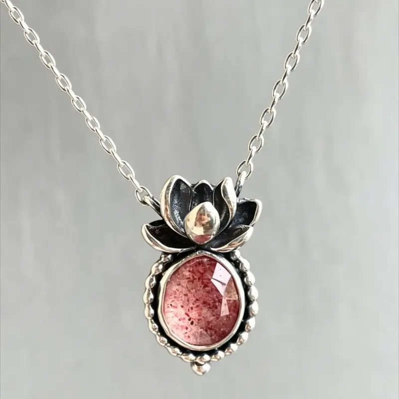Boho Vintage Strawberry Quartz Lotus Pendant Necklace for Women, Pendant Design, Ethnic Style Party Vacation Casual Elegant Jewelry