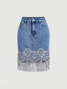 Women's Denim Skirt Summer Spring Chic Versatile Mid-Length Split High-Waisted A-Line Fringe Sequin Vintage Long Dress Womenswear