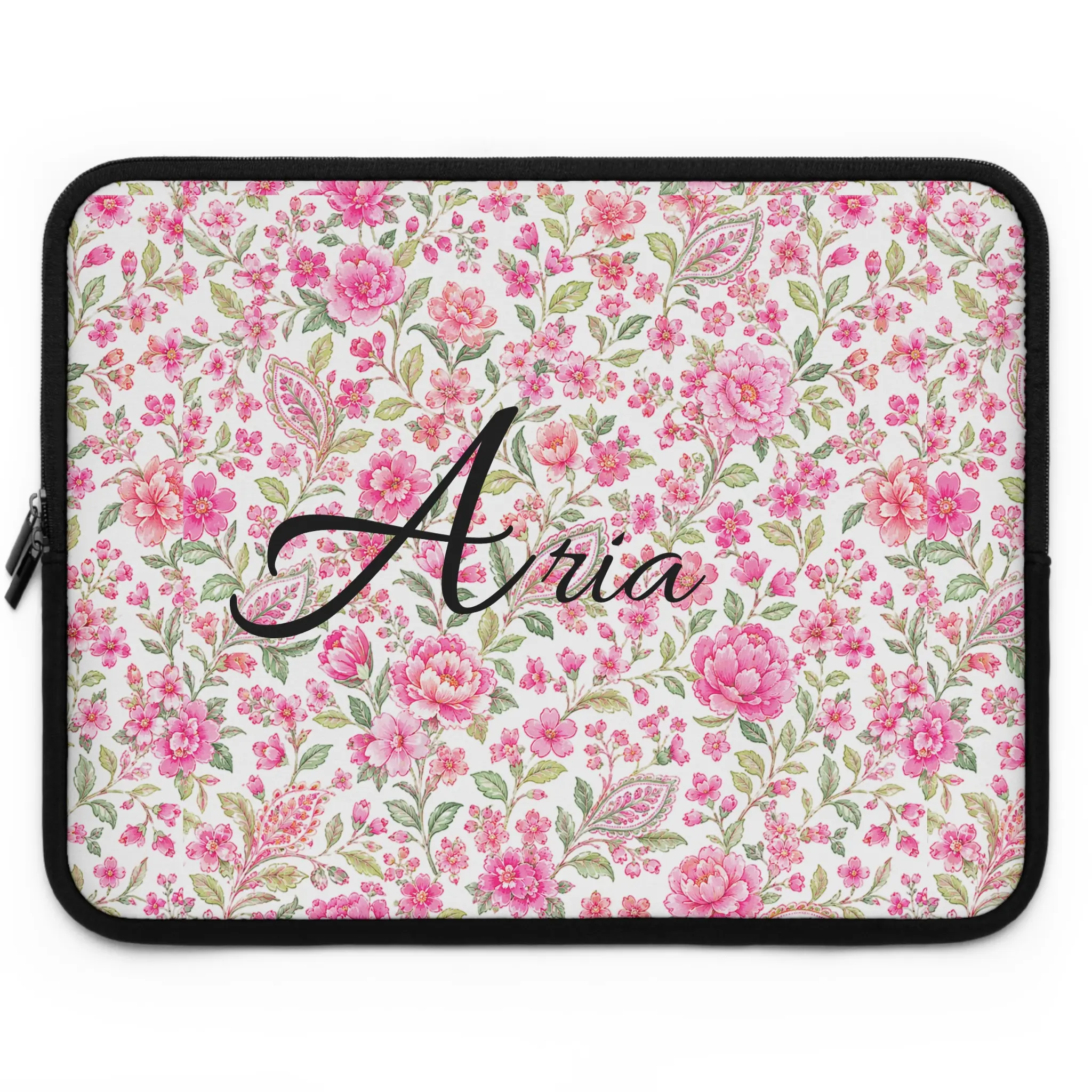 Pink Floral Monogram Script Laptop Sleeve | Personalized Name tech case