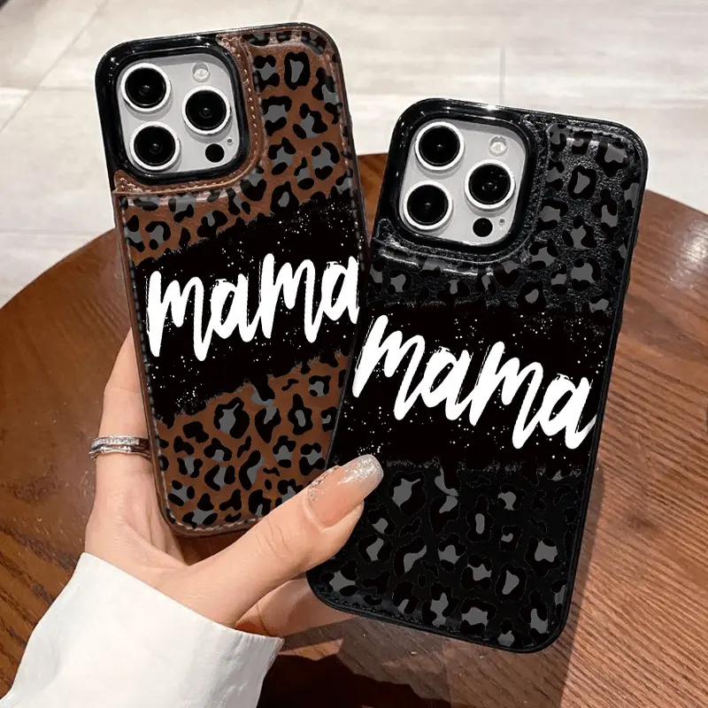 Sweet Cool Leopard Mom Pattern TPU Smartphone Casing - Durable Handheld Protection, Card Slots for Bank/Transportation Cards, Compatible with iPhone 12-17, Samsung & Other Devices