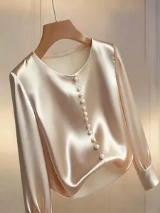 A women's casual fashion apricot round-neck long-sleeved pearl-buttoned commuter top, suitable for all seasons, ideal for home, indoor, and outdoor wear