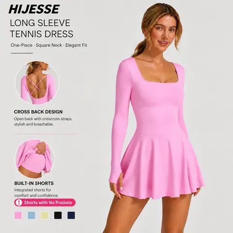 HIJESSE Women Long Sleeve Athletic Dress with Built-in Bra & Shorts, Crisscross Open Back Square Neck Workout Outfit for Tennis Golf Fitness Daily Wear
