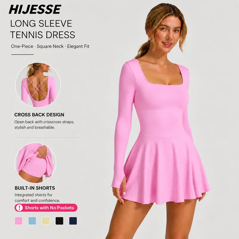 HIJESSE Women Long Sleeve Athletic Dress with Built-in Bra & Shorts, Crisscross Open Back Square Neck Workout Outfit for Tennis Golf Fitness Daily Wear