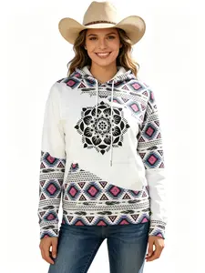 Women‘s Tribal Geometric Print Hoodies - Boho Aztec Long Sleeve Drawstring sweatshirts,Casual Loose Fit Western Style Pullover Top for Fashionable Everyday Outfits