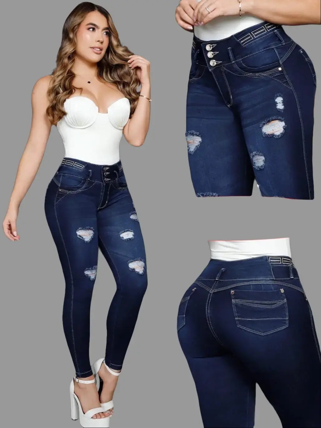 Jean Colombiano Ref: 8734 Push Up High Waist Ripped Skinny Jeans Dark Wash Casual Tummy Control Sculpting Fit Stretch Fabric