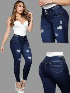 Jean Colombiano Ref: 8734 Push Up High Waist Ripped Skinny Jeans Dark Wash Casual Tummy Control Sculpting Fit Stretch Fabric
