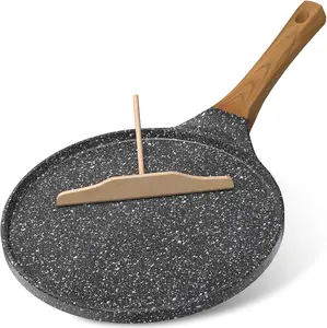 10-Inch Nonstick Crepe Pan with Wooden Spreader, Granite Pancake Pan Tortilla Dosa Tawa, Flat Griddle Pan for Induction Cooktop, PFOA Free & Easy to Clean with Wood Grain Handle