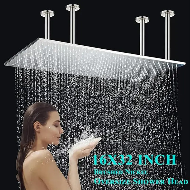 ATSHOWER 16" x 32" Luxury High Pressure Rain Shower Head, Ceiling Mount Rectangle Rainfall Showerhead with Silicone Nozzles Full Body Fixed Showerheads For Modern Bathroom, Brushed Nickel, Matte Black, Brushed Gold Finish