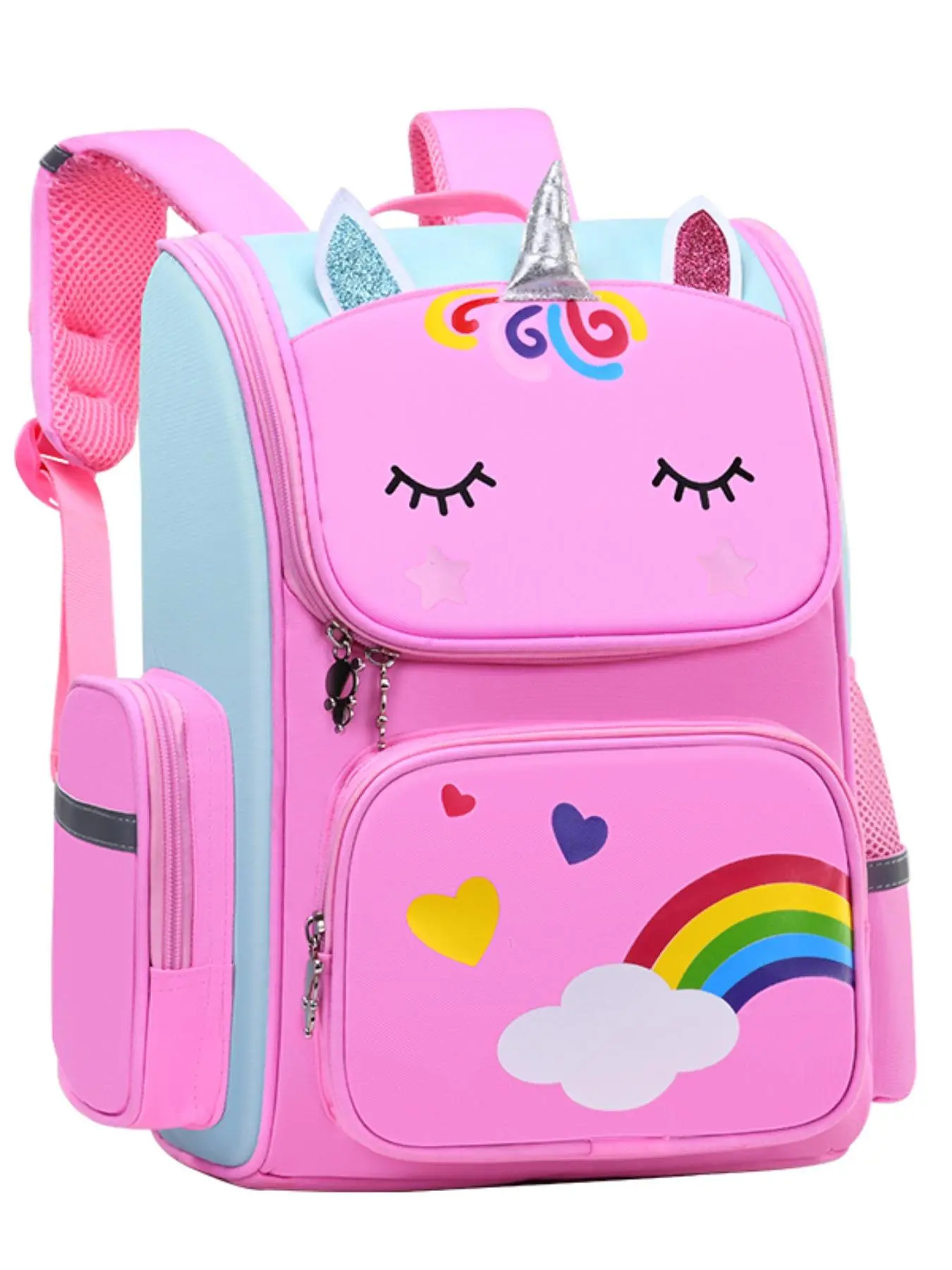 Cute Cartoon Unicorn Design Heart Print Backpack, Large Capacity Lightweight Breathable Backpack, Fashionable Backpack for Girls