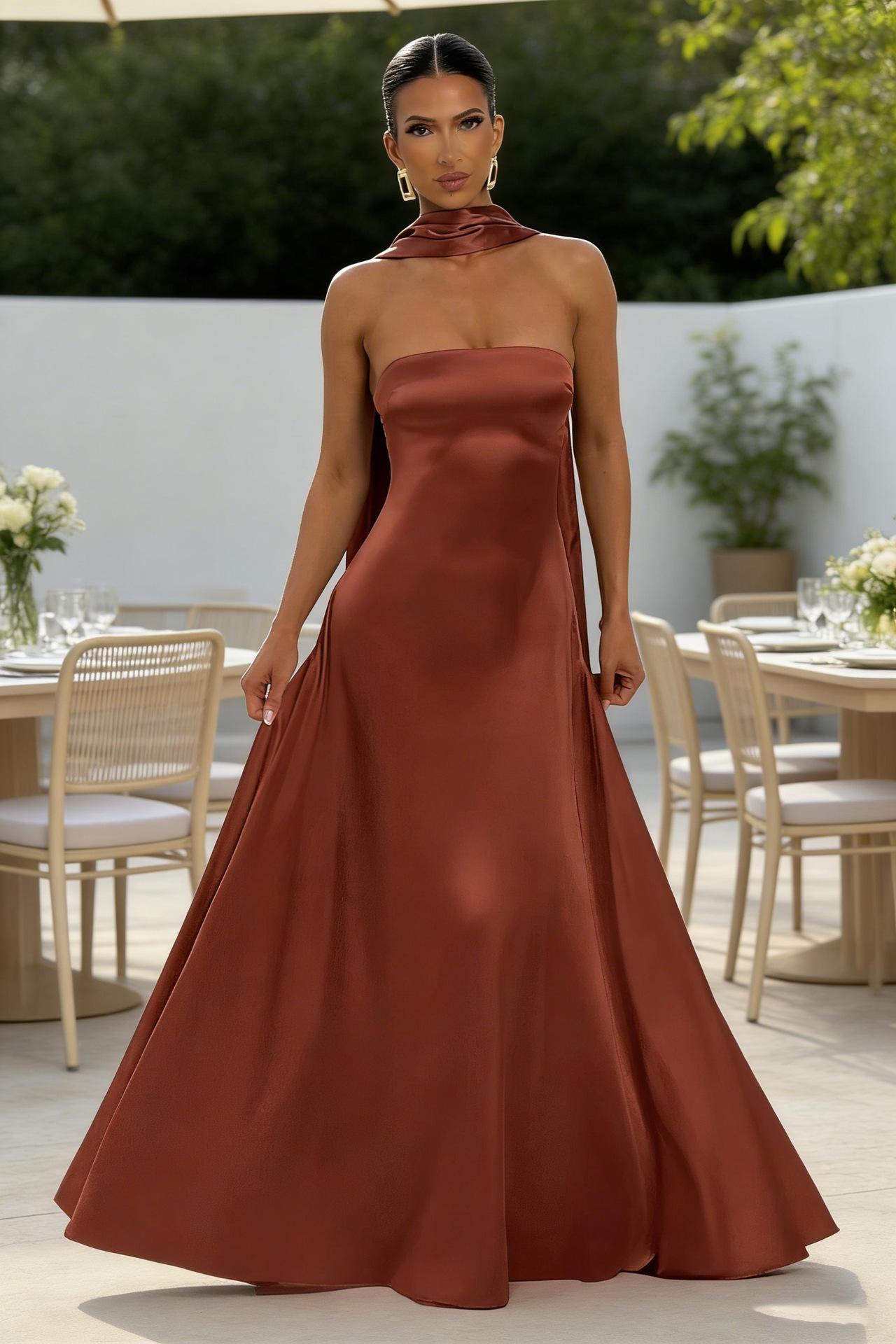 Womens Backless Tube-Top Waist-Cinching Evening Gown Long Dress