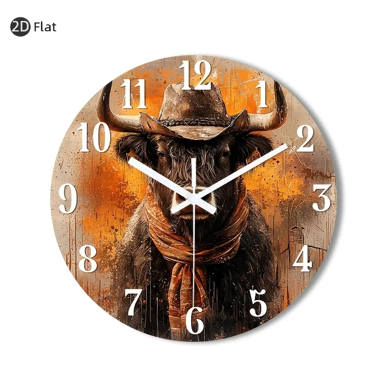 Modern Western Style Wall Clock 1 Piece - Silent, Non-Ticking Round Acrylic Clock with Cowboy Bull Design, Suitable for Offices, Conference Rooms, Lounges, Waiting Areas, No Batteries Required