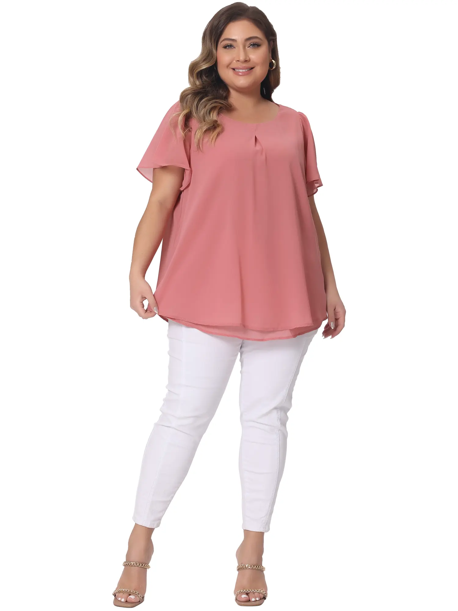 Agnes Orinda Plus Size Chiffon Blouse for Women Ruffle Short Sleeve Double-Layered Shirt Work Tops