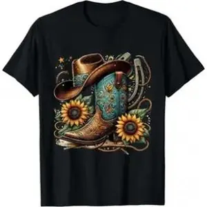 100% Cotton Unisex Western Cowboy Boot Horseshoe Sunflower Rope Cowgirl Boot T-Shirt Black Casual Top