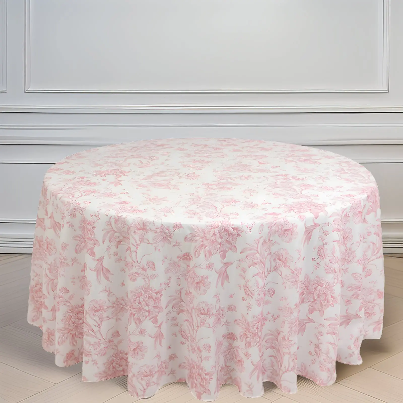 120 inches Washable Polyester Round Tablecloth, White with Pink French Toile Pattern - Sophisticated Table Cover for Chic Weddings, Decoration Use